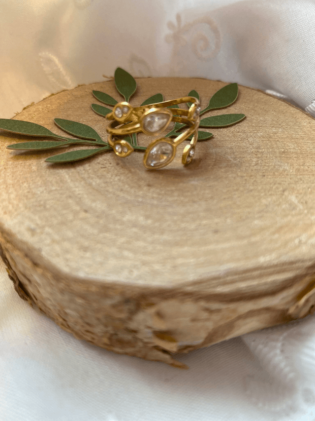 Bague Feuilles Dorées er Strass 